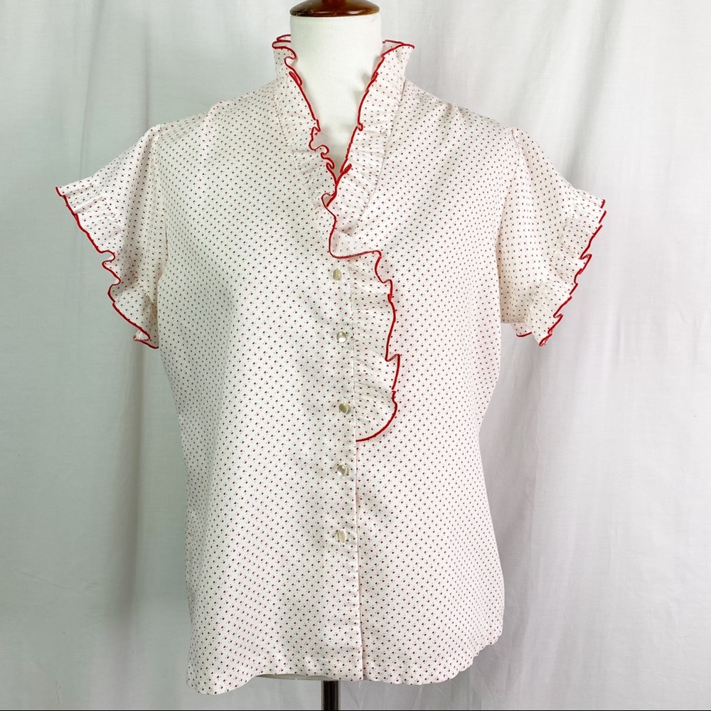 Vintage White Red Micro Geometric Flower Print Ruffle Neckline Med